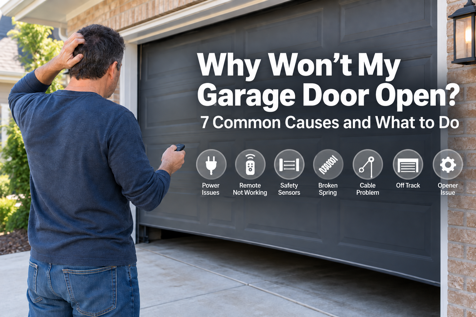 Homeowner troubleshooting a garage door that won’t open using a remote control
